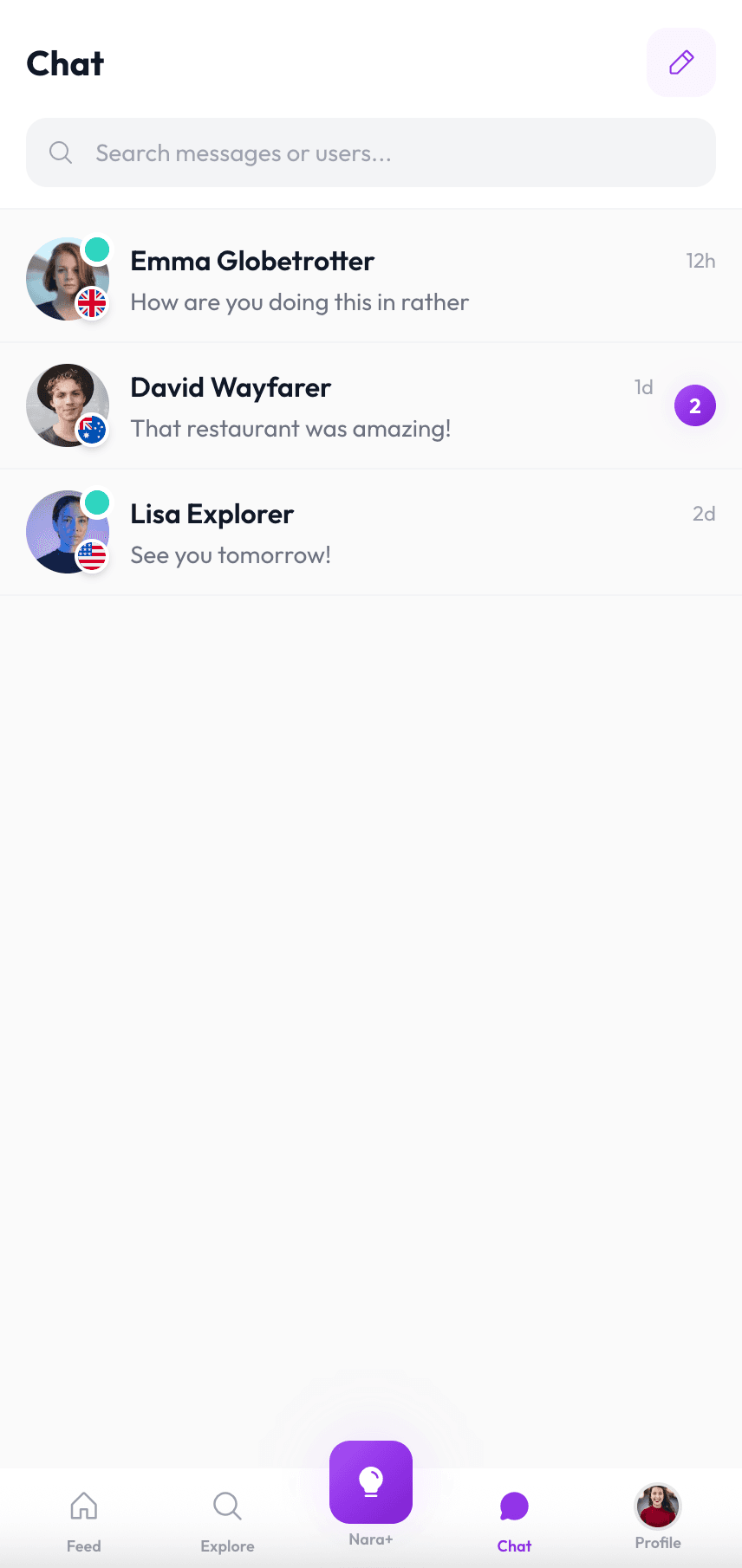 NARA+ chat — messages and connections