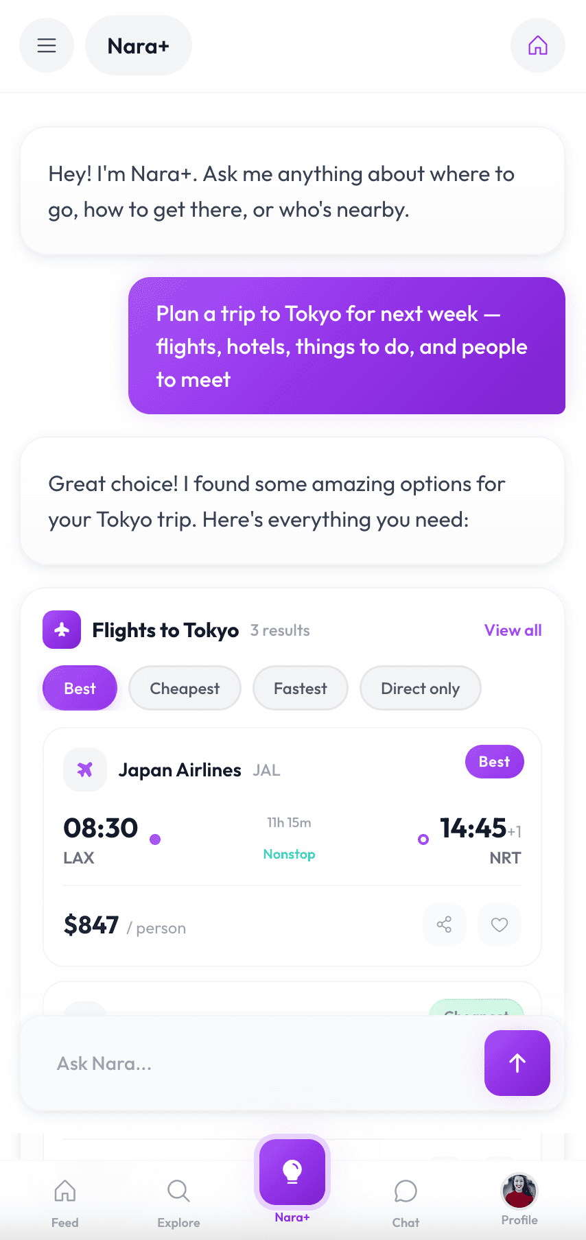 NARA+ AI trip planning with flights and recommendations